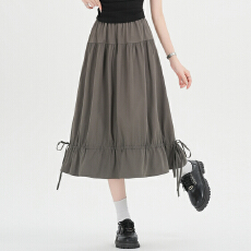 批发实拍 2026春夏裙摆抽绳全棉a字半身裙女花苞感松紧腰百搭长款伞裙