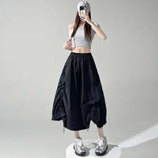 批发实拍 白色抽绳a字半身裙女春夏2026新款高腰显瘦中长款气质长裙