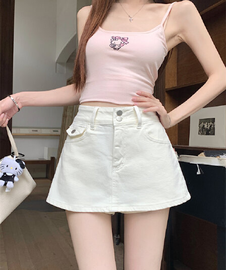 실사 아메리칸 핫걸 레트로 워싱 데님 스커트 여성 여름 노출 방지 신축성 타이트 스커트 한 마디 미니 스커트 치마바지