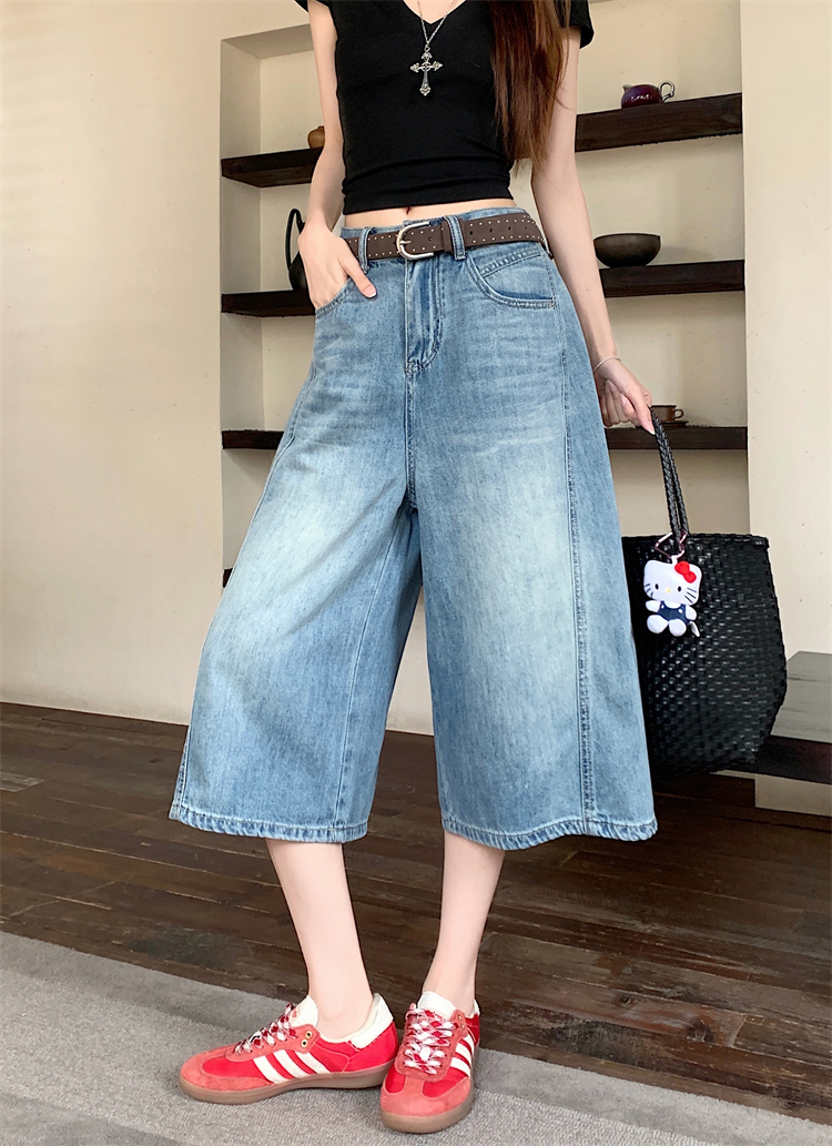 실사 아메리칸 레트로 워싱 7 점 청바지 여성 새로운 하이웨이스트 루즈핏 다용도 스트레이트 넓은 다리 바지