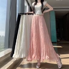 批发实拍 褶皱网纱半身裙女夏季<b class='q'>新款</b>高级感垂感仙女纱裙大摆a字长裙