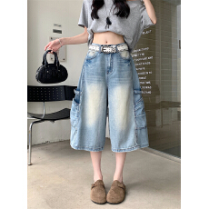 批发实拍美式复古工装口袋七分<b class='q'>牛仔裤</b><b class='q'>女</b>新款高腰宽松百搭<b class='q'>直筒</b>阔腿中裤