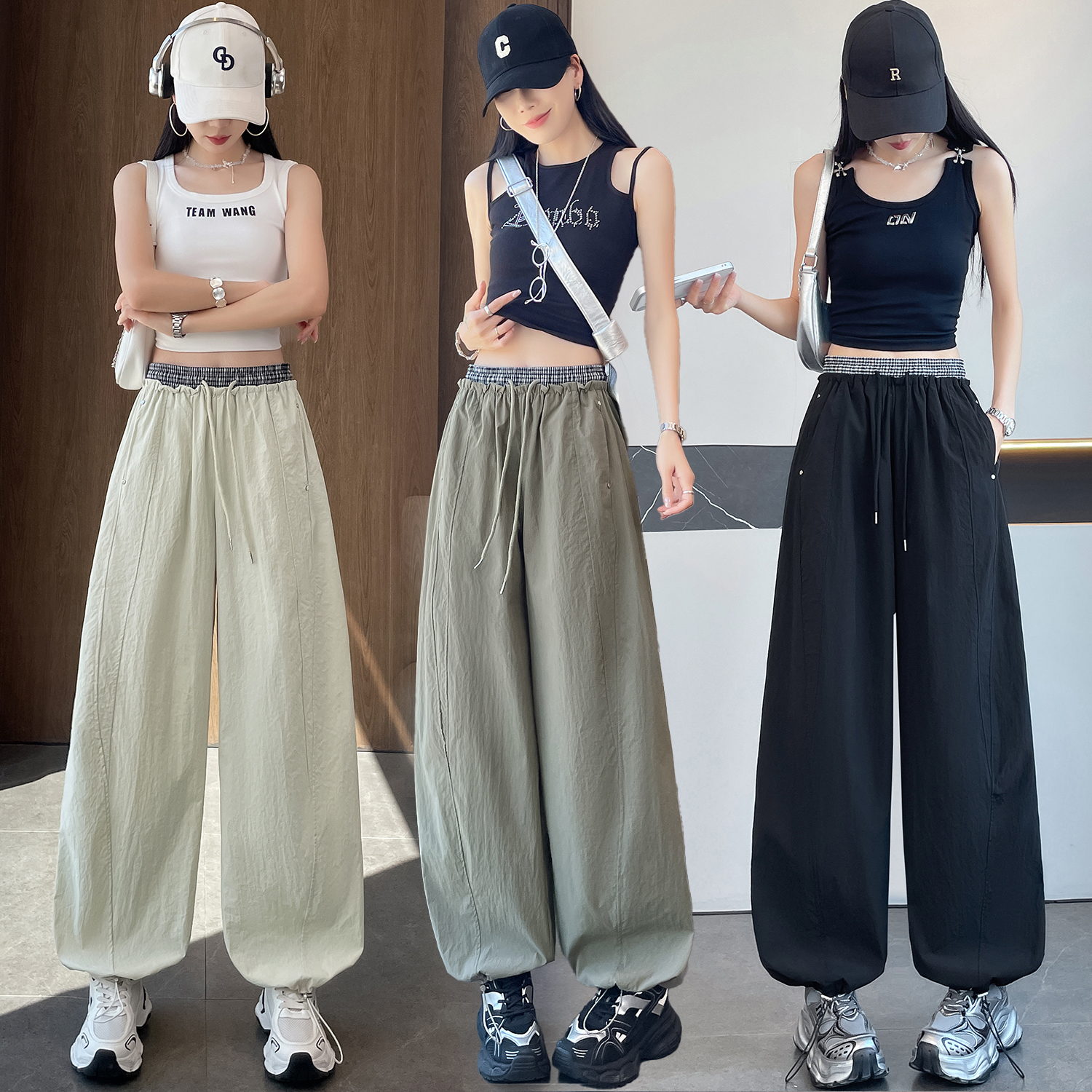 실사 여름 새로운 얼음 실크 속도 건조한 넓은 다리 캐주얼 바지 여성 하이웨이스트 패치워크 색상 디자인 루즈핏 슬림해 보이는 조거 둘 착용