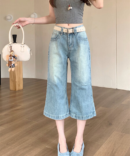 실사 여름 아메리칸 영국식 워시 물 세련된 워싱 부츠컷 바지 넓은 다리 8 점 청바지 여성