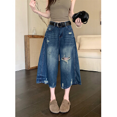 批发实拍小个子高腰复古破洞直筒牛仔<b class='q'>裤</b>女夏季宽松显瘦<b class='q'>百搭</b>阔腿七分<b class='q'>裤</b>