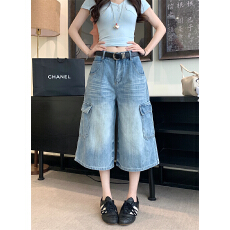 批发实拍 重工水洗多口袋工装牛仔七分裤<b class='q'>女</b>高腰显瘦宽松阔腿直筒中裤