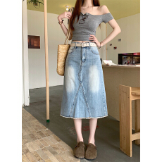 批发实拍 复古水洗竹节<b class='q'>牛仔</b>半身裙女高腰显瘦a字包臀开叉设计感半裙