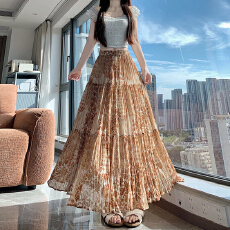 批发实拍 复古印花雪纺<b class='q'>半身裙</b>女2026夏季新款高腰显瘦垂感a字百搭长裙