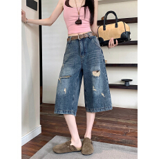 批发实拍美式复古破洞阔腿七分<b class='q'>牛仔</b>裤女新款高腰宽松显瘦百搭直筒中裤