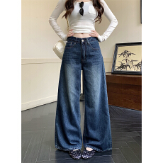 批发实拍复古阔腿<b class='q'>牛仔裤</b>女秋季新款高腰显瘦宽松直筒百搭长裤