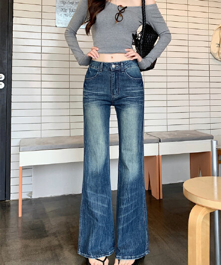 실사 파란색 몸매 가꾸기 마이크로 나팔 청바지 여성 가을 아메리칸 핫걸 디자인 센스 하이웨이스트 호스 슈 바지