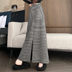 批发实拍后开叉复古a字条纹针织加厚半身裙女秋<b class='q'>新款</b>垂感直筒包臀长裙