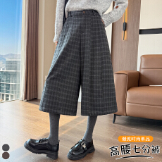 批发实拍复古格纹毛呢七分阔腿休闲裤<b class='q'>女</b>2026秋冬新款高腰直筒宽松中裤