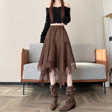 批发实拍鹿皮绒<b class='q'>半身裙</b>女秋季设计感<b class='q'>蕾丝</b>拼接中长裙垂感不规则A字裙
