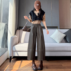 批发实拍时尚百搭气质通勤气球PU皮裤女2026秋冬松紧腰直筒休闲<b class='q'>九分</b>裤