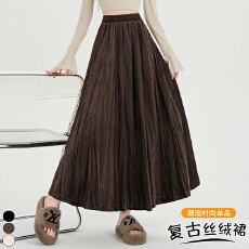 批发实拍提花刺绣碎花丝绒百褶半身裙女2026秋冬垂感褶皱裙A字<b class='q'>长裙女</b>