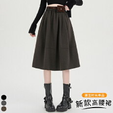 批发实拍美式复古美拉德咖色毛呢半身裙中<b class='q'>长裙</b>伞裙工装风遮胯大摆裙子