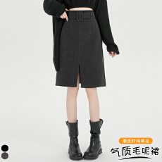 批发实拍灰色毛呢开叉直筒<b class='q'>半身裙</b>女2026秋季新款复古高腰宽松百搭中裙