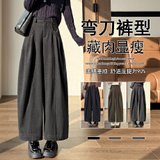 批发实拍复古高腰<b class='q'>西装</b>毛呢压褶口袋弯刀阔腿裤女秋冬显瘦气球休闲长裤