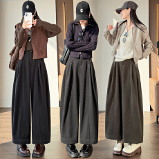 批发实拍复古高腰<b class='q'>西装</b>毛呢压褶口袋弯刀阔腿裤女秋冬显瘦气球休闲长裤