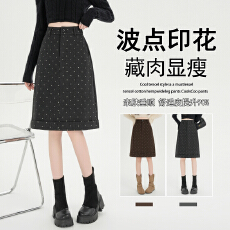 批发实拍miu系波点毛呢半身裙女秋冬新款绝美高腰显瘦a字包臀开叉中裙