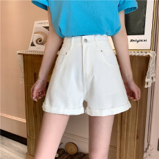 批发实拍 <b class='q'>白色</b>高腰牛仔短裤女2026年夏季宽松阔腿翻卷边小个子A字热裤