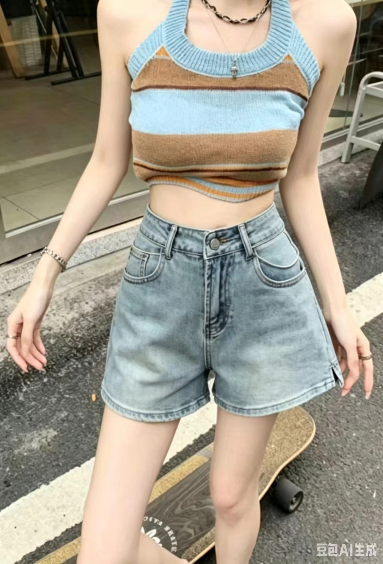 실사 트임 레트로 데님 반바지 여성 여름 2026 새로운 하이웨이스트 한 마디 루즈핏 작은 키 넓은 다리 핫 바지