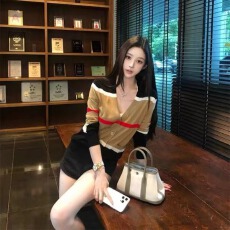 批发气质V领开衫毛衣套装女<b class='q'>夏季</b>复古撞色条纹长袖上衣薄款<b class='q'>外套</b>