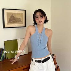 批发新款夏季新款设计感辣妹风修身显瘦v领绑带针织背心女上衣