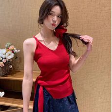 批发WAN能欲感吊带百搭红色性感灰色短款修身显瘦针织背心