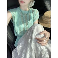 批发曼薄风薄荷绿色麻花镂空冰丝短袖<b class='q'>针织衫</b>女薄款夏季设计感<b class='q'>罩衫</b>上衣