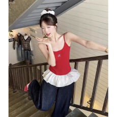 批发针织背心韩系纯欲刺绣设计吊带背心女夏季修身显瘦针织拼接