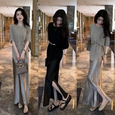 批发短袖圆领冰丝短袖针织衫女夏季设计感小众老钱风宽松收腰半袖上