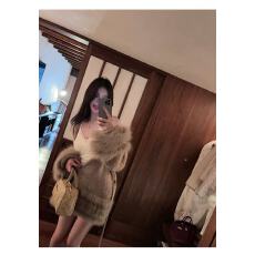 批发FairyJiang 秋季真狐狸毛皮草针织开衫外套女中长款收腰白色毛衣