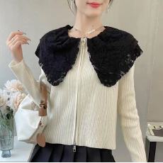 批发法式<b class='q'>蕾丝</b>娃娃领衬衫女早秋新款设计感双拉链修身显瘦喇叭袖上衣