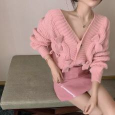 针织衫女蝴蝶结短款宽松外穿粉色毛衣上衣2025年新款开衫外套