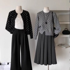 批发日系波点圆领开衫毛衣女春秋甜美学院风高级感百搭<b class='q'>短</b>款外套单件