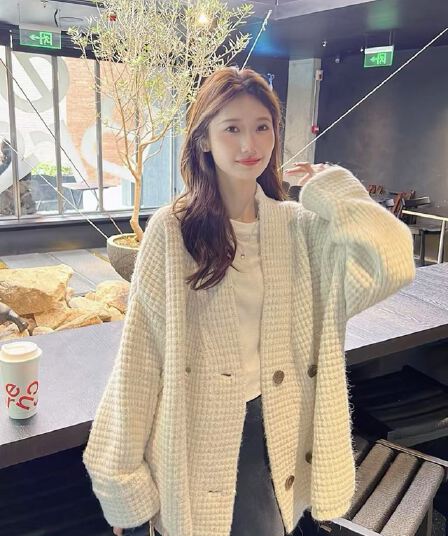느긋한 루즈핏 스웨터 오픈 가디건 여성 코트 가을 맨위 니트 디자인 센스 V넥 고급 센스