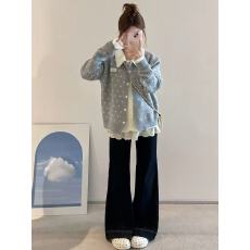 批发韩系波点假两件针织开衫女早秋季<b class='q'>甜美</b>学院风复古拼接翻领薄款毛衣