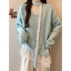 批发V领刺绣蕾丝拼接长袖毛衣女秋季新款温柔风宽松显瘦绝美上衣