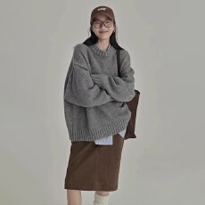 批发<b class='q'>日系</b>复古灰色毛衣女冬季圆领宽松慵懒风外穿内搭打底针织衫厚上衣