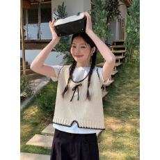 批发<b class='q'>日系</b>浅蓝蝴蝶结无袖针织衫女马夹2026春季薄叠穿毛衣坎肩短上衣