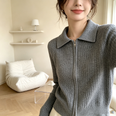 批发双拉链毛衣开衫针织<b class='q'>外套女</b><b class='q'>短</b>款polo领长袖韩版宽松慵懒风翻领上衣