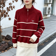 复古慵懒宽松拉链毛衣女2026秋冬新款套头针织条纹针织衫刺绣上衣