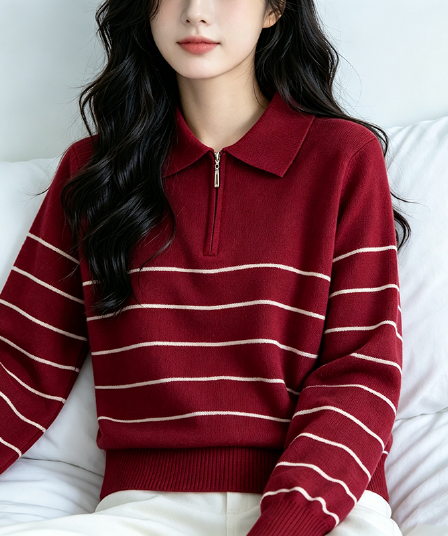 실사 가을 겨울 새로운 쌀 화이트 해군 와인 빨간색 스트라이프 POLO 칼라 털 니트 스웨터 여성 2026 새로운