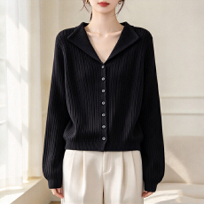 简约风翻领V口纯色修身短款毛针织衫女2026新款