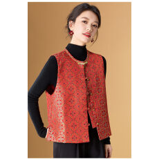 批发新中式国风红色马甲女款冬时髦洋气品牌<b class='q'>妈妈</b>唐装盘扣坎肩提花外套