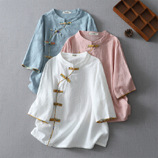 批发夏新款中式女装文艺复古棉麻中袖宽松上衣休闲禅意茶服