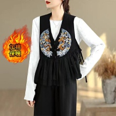 批发民族风女装棉麻绣花夹棉加厚保暖马甲坎肩无袖秋冬小外套