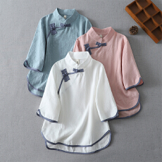 批发中国风复古棉麻汉服上衣女瑜伽服禅意茶服居士服套装